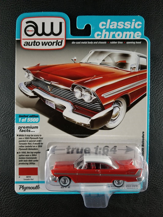 Auto World - 1958 Plymouth Belvedere (Toreador Red) [6/6 - 2020 Premium Series (Release 1) (Version A) (Classic Chrome); Limited Edition, 1 of 5500]