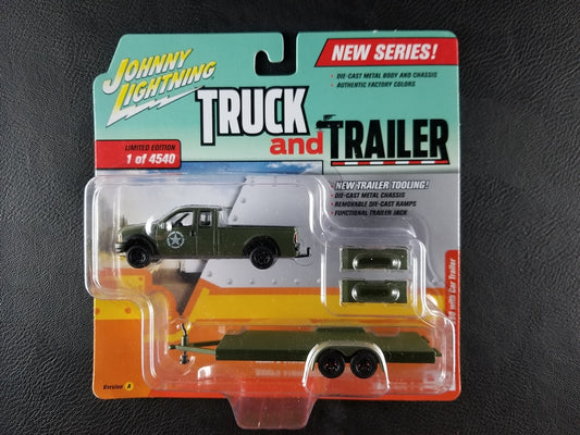 Johnny Lightning Truck and Trailer - 2004 Ford F-250 with Car Trailer (Olive Green) [Ltd. Ed. - 1 of 4540]